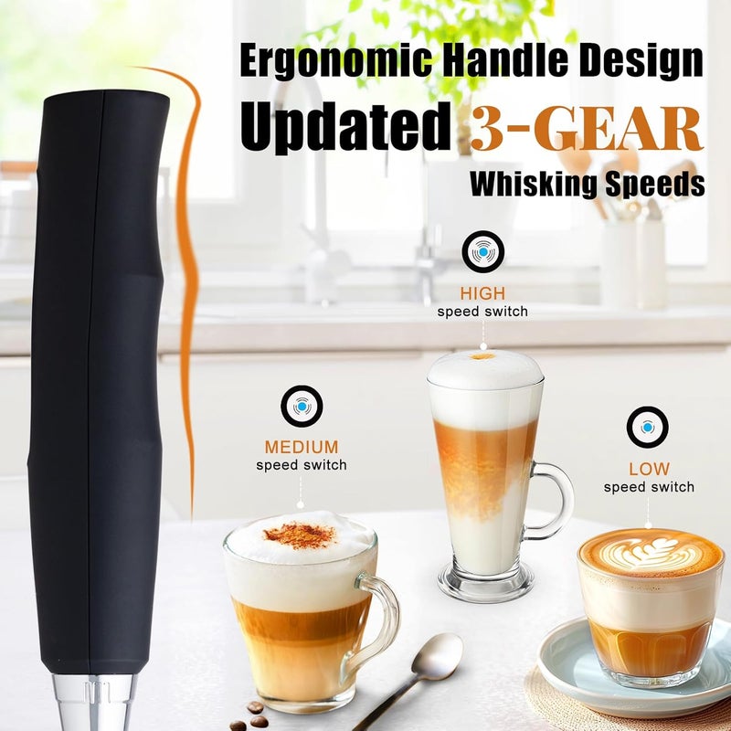 Nahida Black Milk Frother Wand for Coffee, Frother Handheld Rechargeable Electric Whisk Drink Mixer with 3 Heads 3 Speeds Coffee Frother Electric Stirrer For Latte, Cappuccino, Hot Chocolate - Image 3